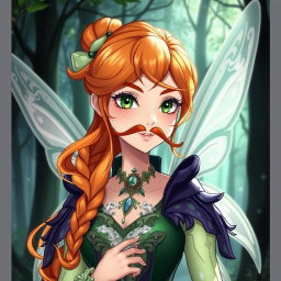 A more mature and serious interpretation of a fairy inspired by Bloom from Winx, featuring beautiful orange hair styled elegantly, adorned with charming mustaches, depicted in an anime art style that reflects adult themes while showcasing German heritage
