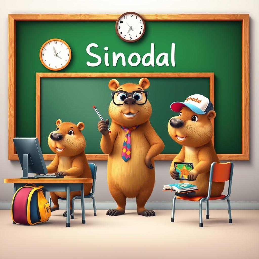 An engaging cover illustration featuring three 3D-style capybaras inside a lively classroom setting
