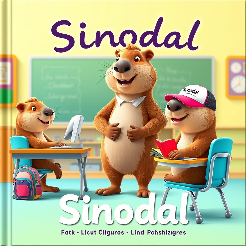 An engaging cover illustration featuring three 3D-style capybaras in a vibrant classroom setting