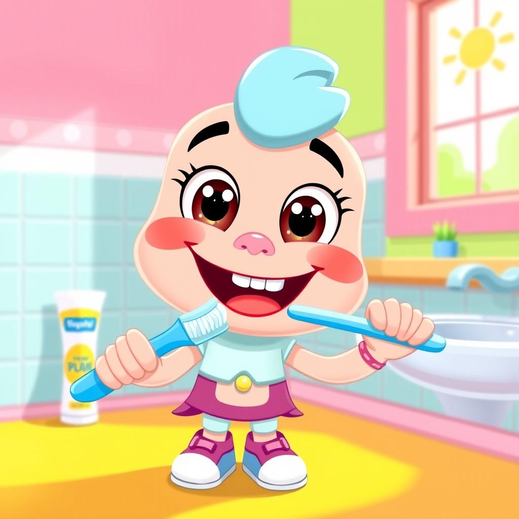A cheerful cartoon character brushing their teeth, with a big happy smile and bright eyes