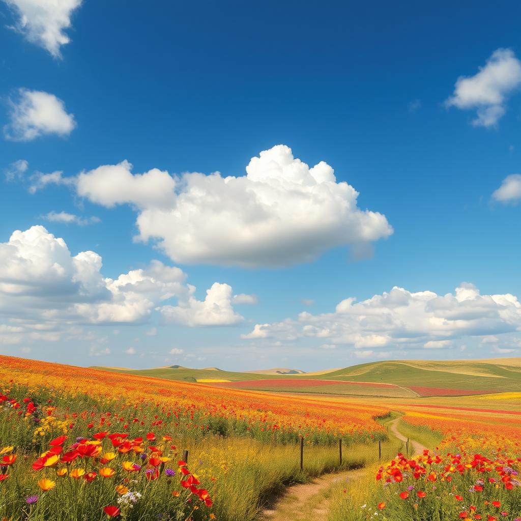 A serene landscape featuring a vast field of wildflowers under a bright blue sky, with fluffy white clouds gently floating by