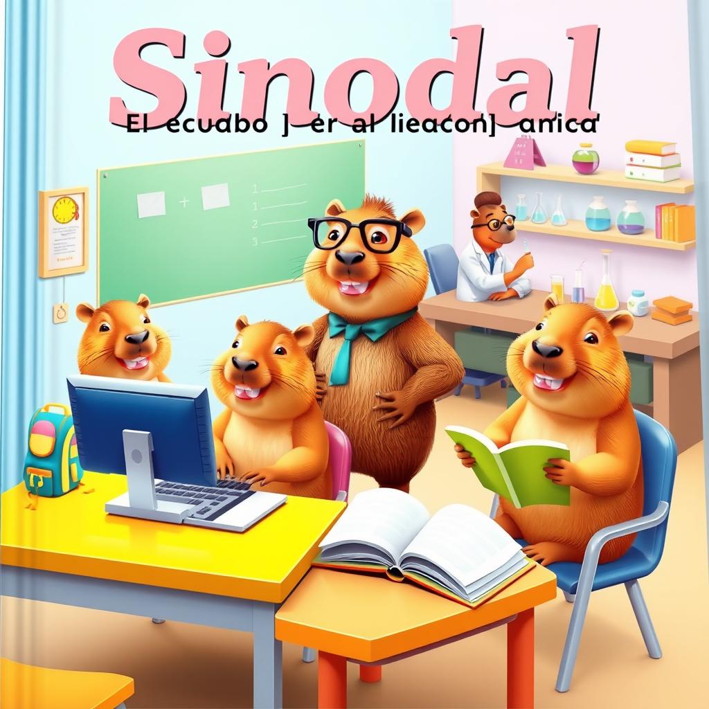 A vibrant cover illustration featuring four 3D-style capybaras in a colorful classroom environment