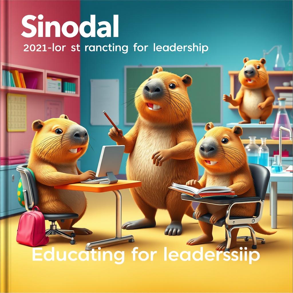 A captivating cover illustration featuring four 3D-style capybaras set in a vibrant classroom environment