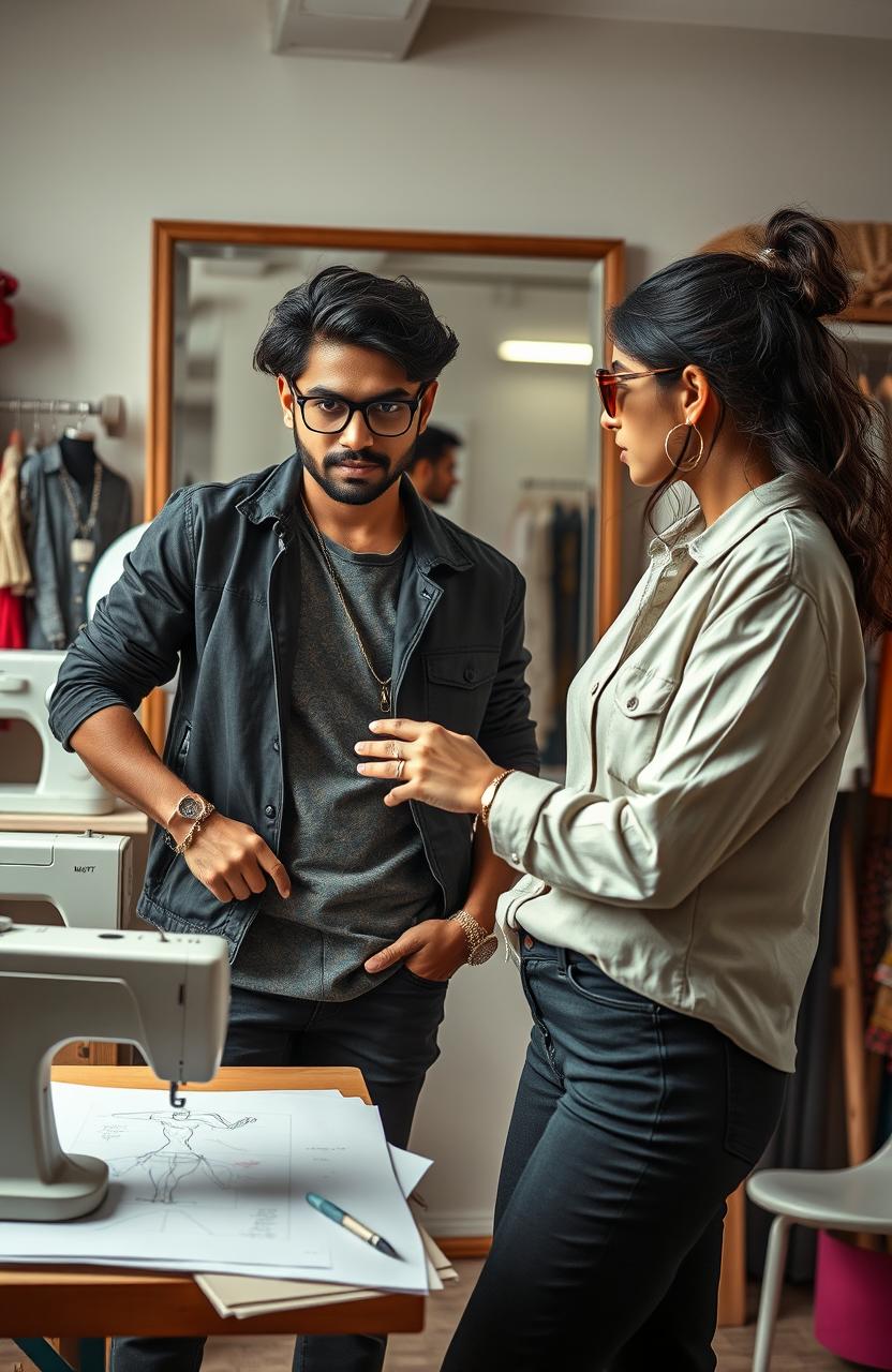 A realistic scene of an Indian male fashion designer and his female assistant in a stylish design studio