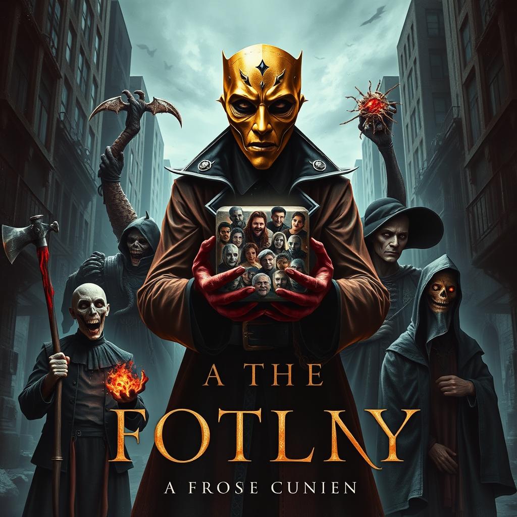 A dark and modern book cover depicting a sinister and mysterious character at the center, holding a cube with a million facets