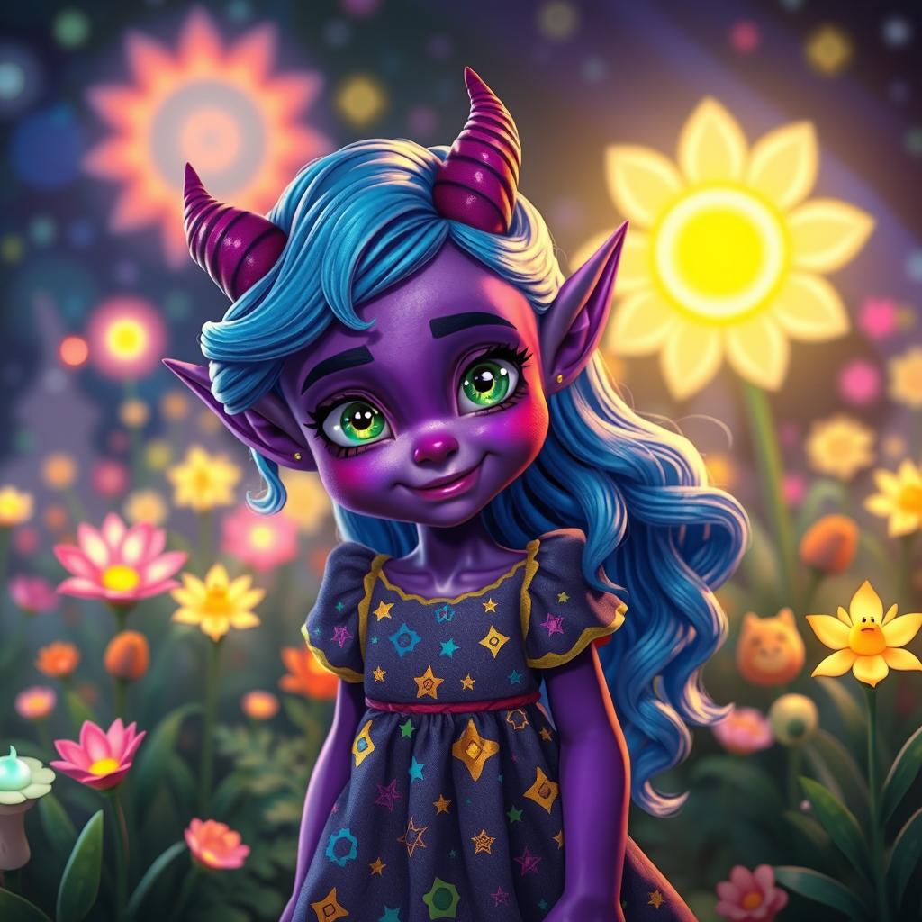 A captivating scene featuring a tiefling girl with vibrant purple skin, possessing small and elegant horns that curve gently from her forehead