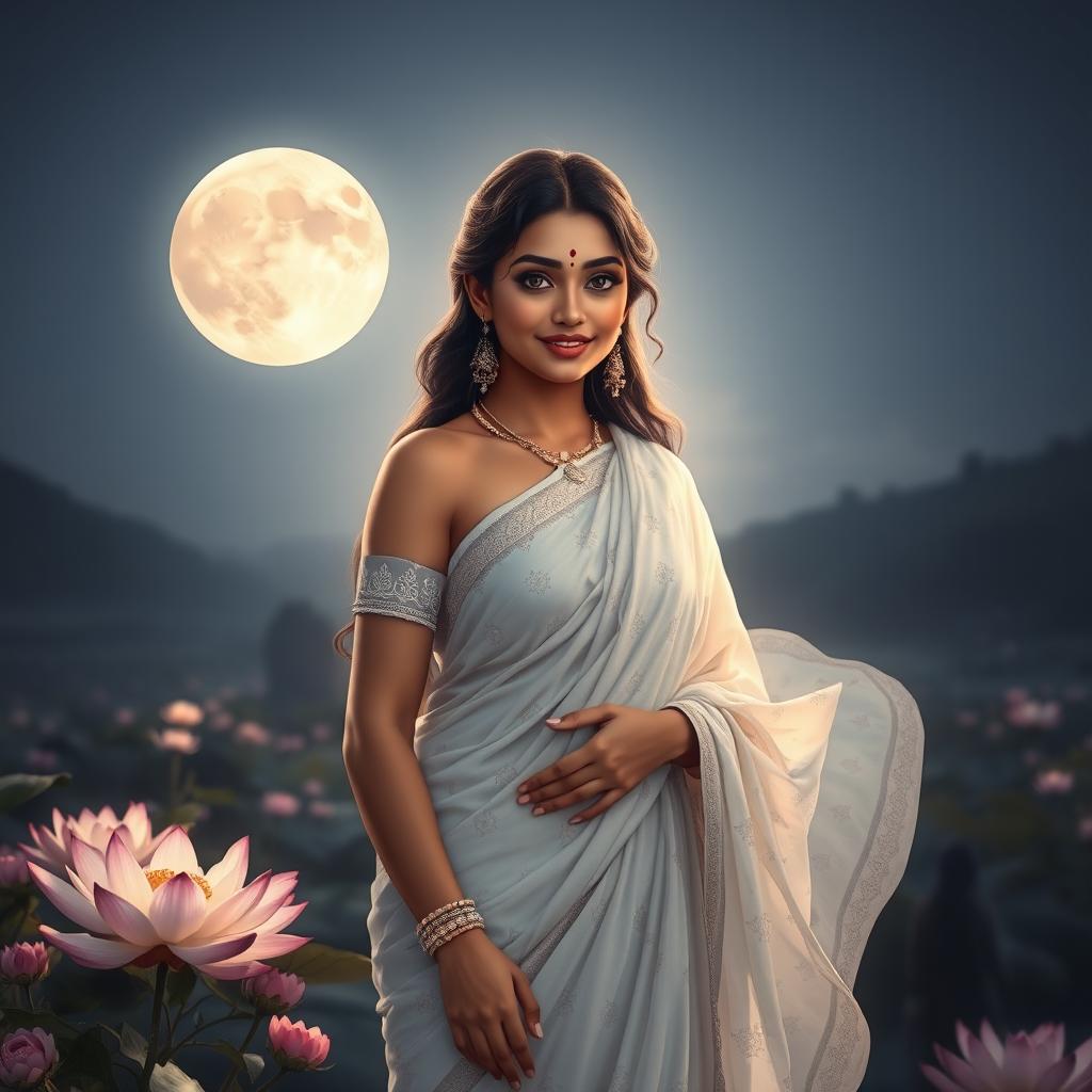 On a serene full moon night, a beautiful goddess with mesmerizing black eyes and a sweet, gentle smile is gracefully depicted
