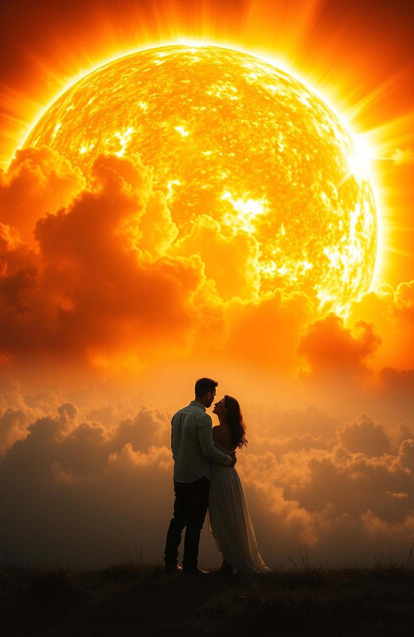 A dramatic scene depicting a couple standing at the forefront, gazing in awe as the Earth is engulfed by a massive solar flare