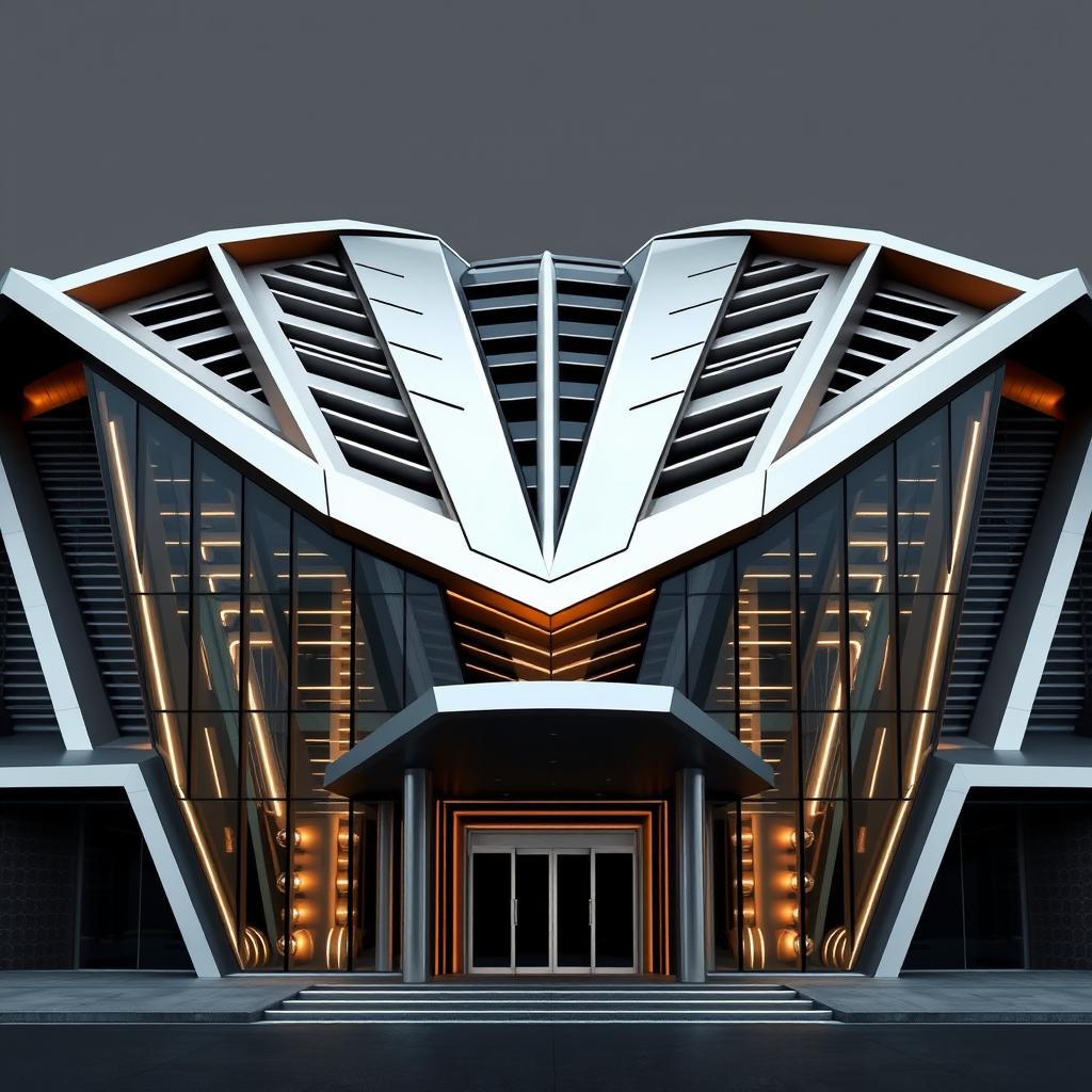 A front elevation design mimicking the V-shape of a V12 engine, featuring angular, sloping facades that converge towards the center