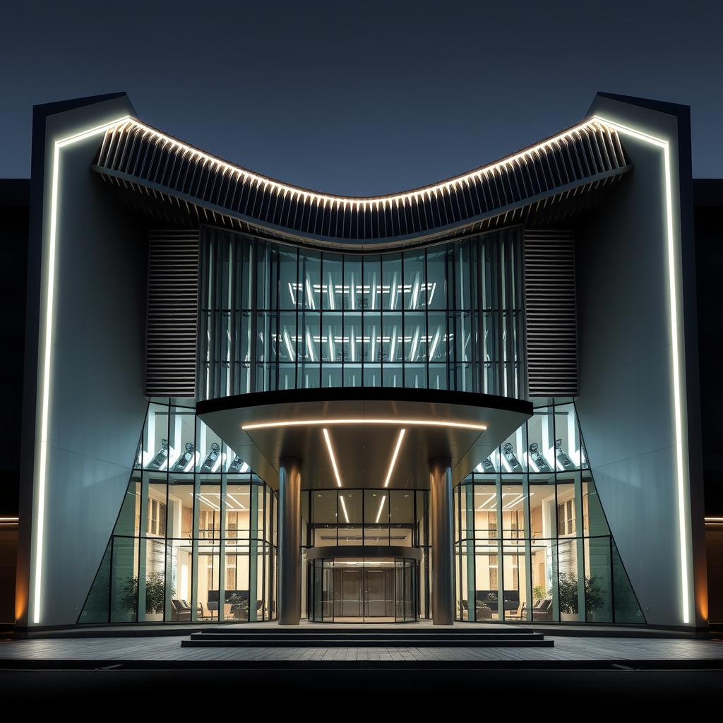 A striking front elevation designed to mimic the V-shape of a V12 engine, showcasing angular and sloping facades that converge toward the center