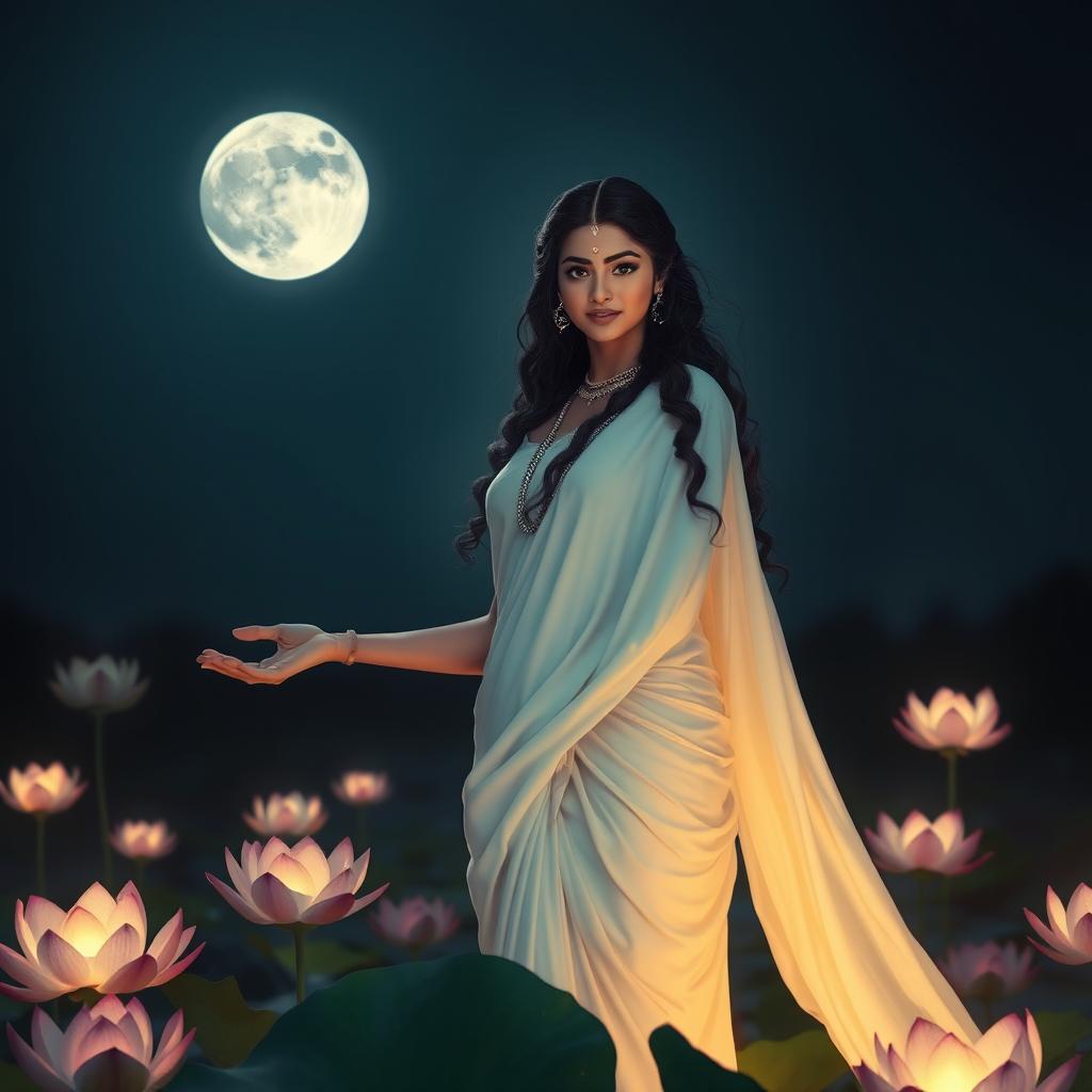On a serene full moon night, a beautiful goddess with mesmerizing black eyes, embodying a sweet smile, is gracefully clad in a flowing white sari