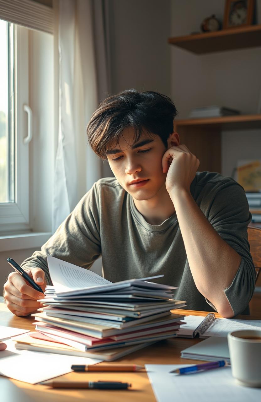A young man sitting at a desk, with one hand supporting his chin and the other holding a pen, looking sleepy