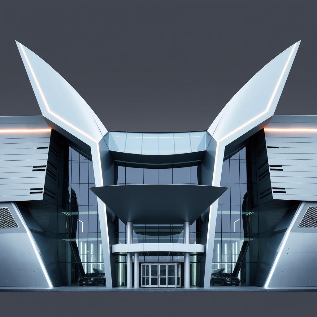 An architectural front elevation design that mimics the V-shape of a V12 engine, featuring angular and sloping facades that converge toward the center