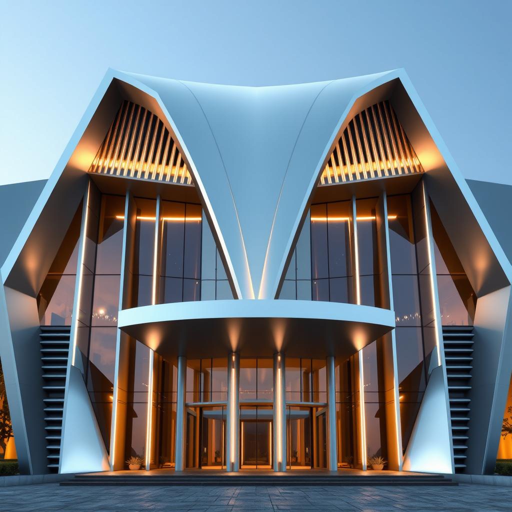 A striking architectural design inspired by a V12 engine, showcasing a front elevation that mimics the engine's V-shape with angular and sloping facades converging toward the center