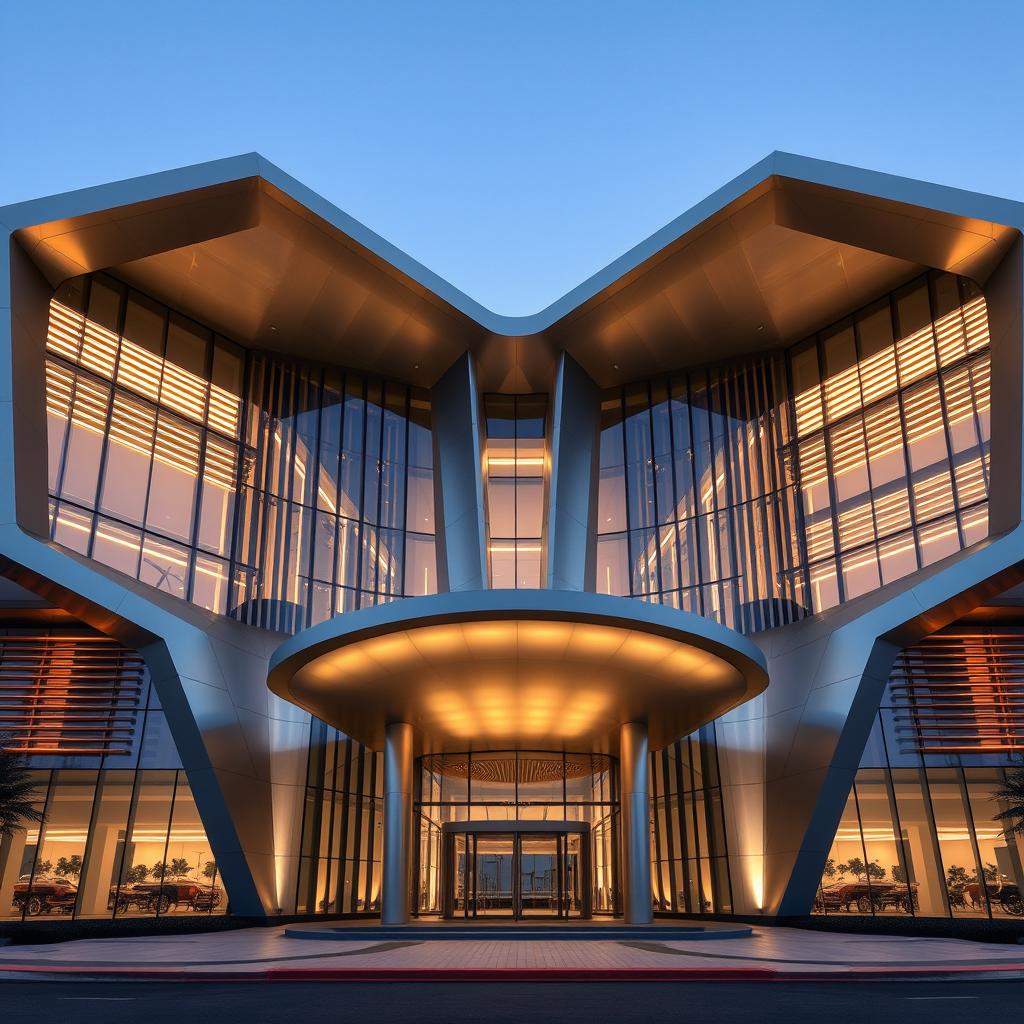 A stunning architectural design featuring a front elevation that mimics the V-shape of a V12 engine, showcasing angular and sloping facades that converge toward the center