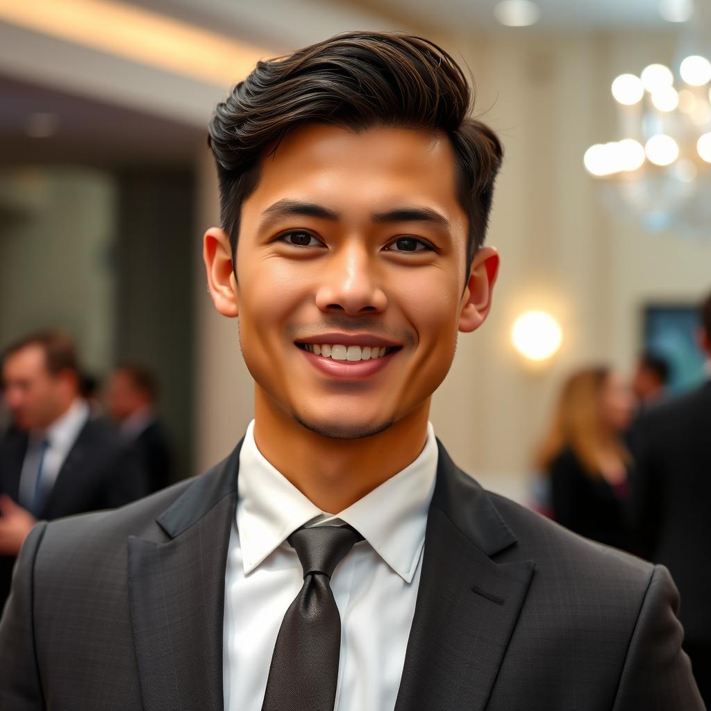A stylish and sophisticated individual wearing a tailored formal suit, featuring a crisp white shirt and a sleek tie