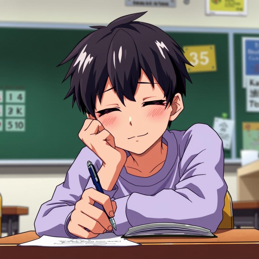 A young male student sitting at a desk in his classroom, with his chin resting on one hand while the other hand holds a pen