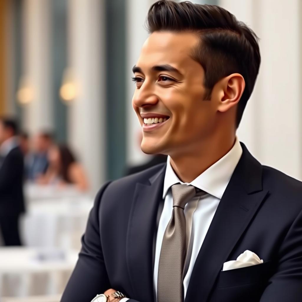 A stylish and sophisticated individual wearing a tailored formal suit that reflects your personal style, featuring a crisp white shirt and a sleek tie