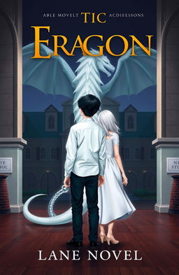 An academic setting featuring a white dragon behind the school