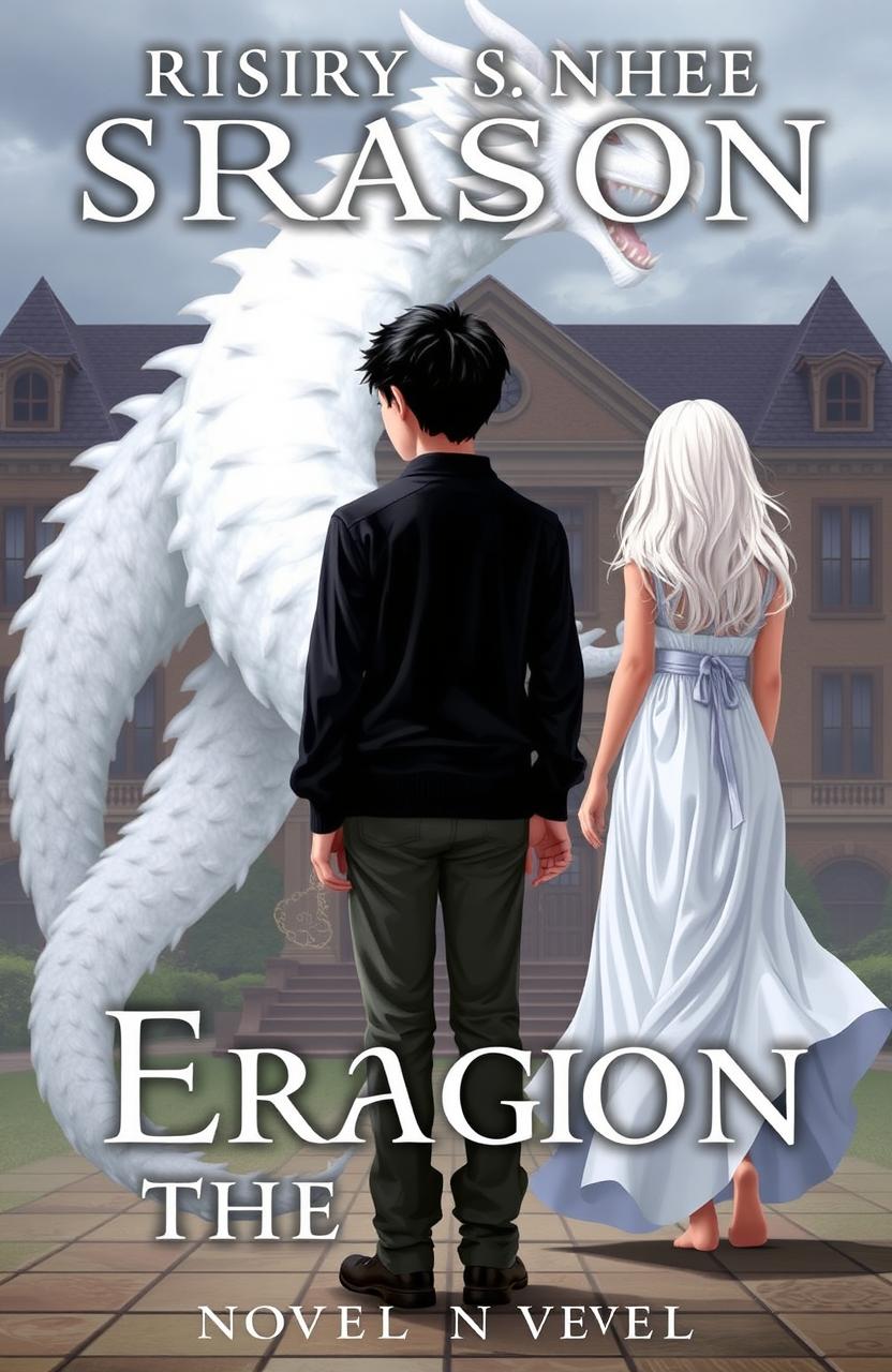 An academic setting featuring a white dragon behind the school