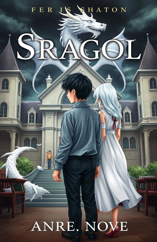 An academic setting featuring a white dragon behind the school