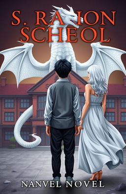 An academic setting featuring a white dragon behind the school