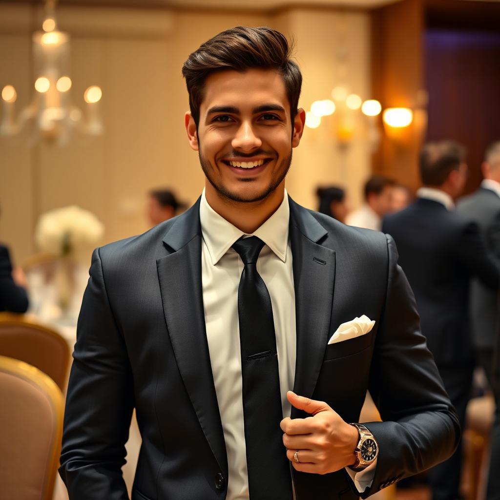 A fashionable and elegant individual wearing a formal attire consisting of a well-fitted suit in a dark color, paired with a crisp white shirt and a stylish tie