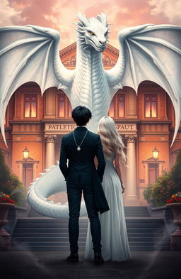 An enchanting scene for a novel cover featuring a majestic white dragon behind an academic building