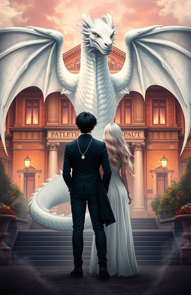 An enchanting scene for a novel cover featuring a majestic white dragon behind an academic building