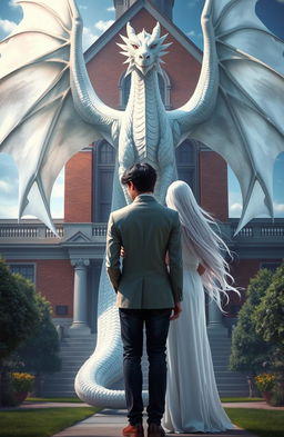 An enchanting scene for a novel cover featuring a majestic white dragon behind an academic building
