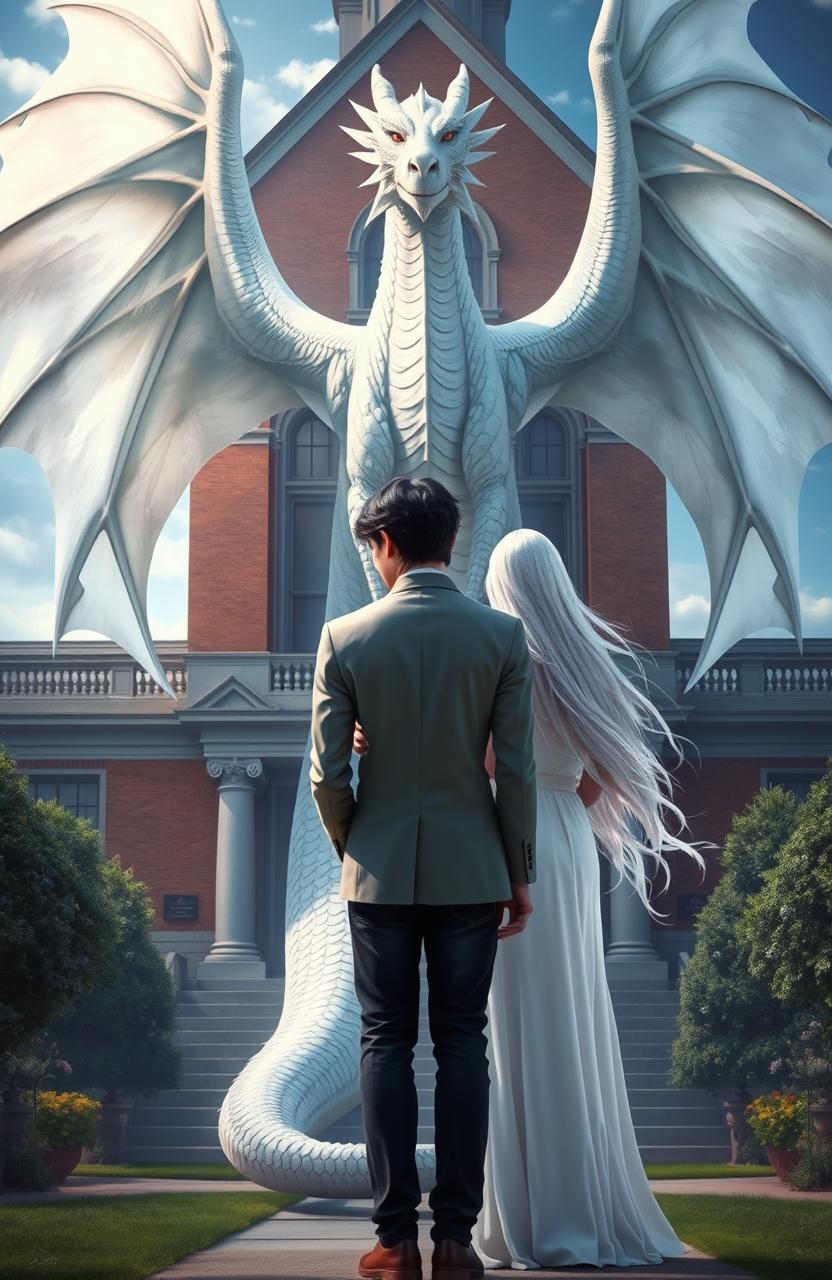An enchanting scene for a novel cover featuring a majestic white dragon behind an academic building