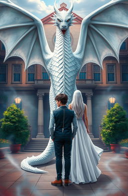 An enchanting scene for a novel cover featuring a majestic white dragon behind an academic building