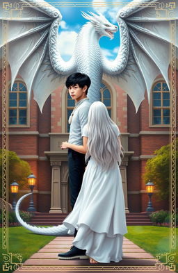 An enchanting scene for a novel cover featuring a majestic white dragon behind an academic building