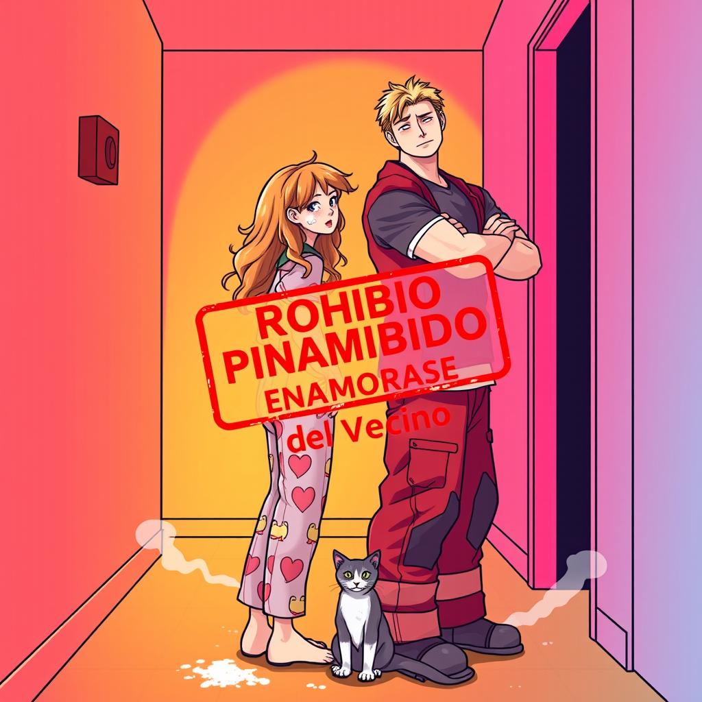 A vibrant gradient background featuring warm colors like pink and orange, conveying a sense of warmth and fire that reflects the intense chemistry between Emma and Lucas