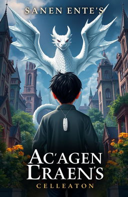 A stunning novel cover depicting an academic scene with a majestic white dragon looming in the background