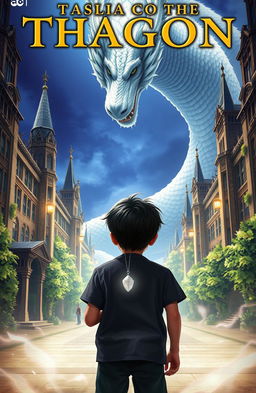 A stunning novel cover depicting an academic scene with a majestic white dragon looming in the background