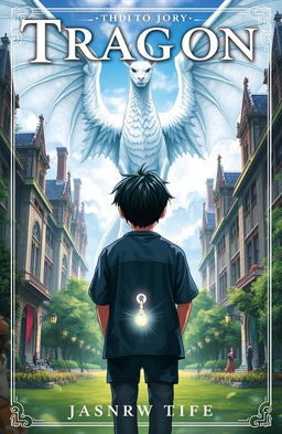 A stunning novel cover depicting an academic scene with a majestic white dragon looming in the background