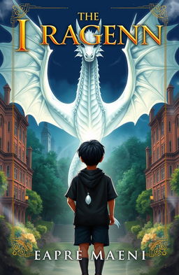 A stunning novel cover depicting an academic scene with a majestic white dragon looming in the background