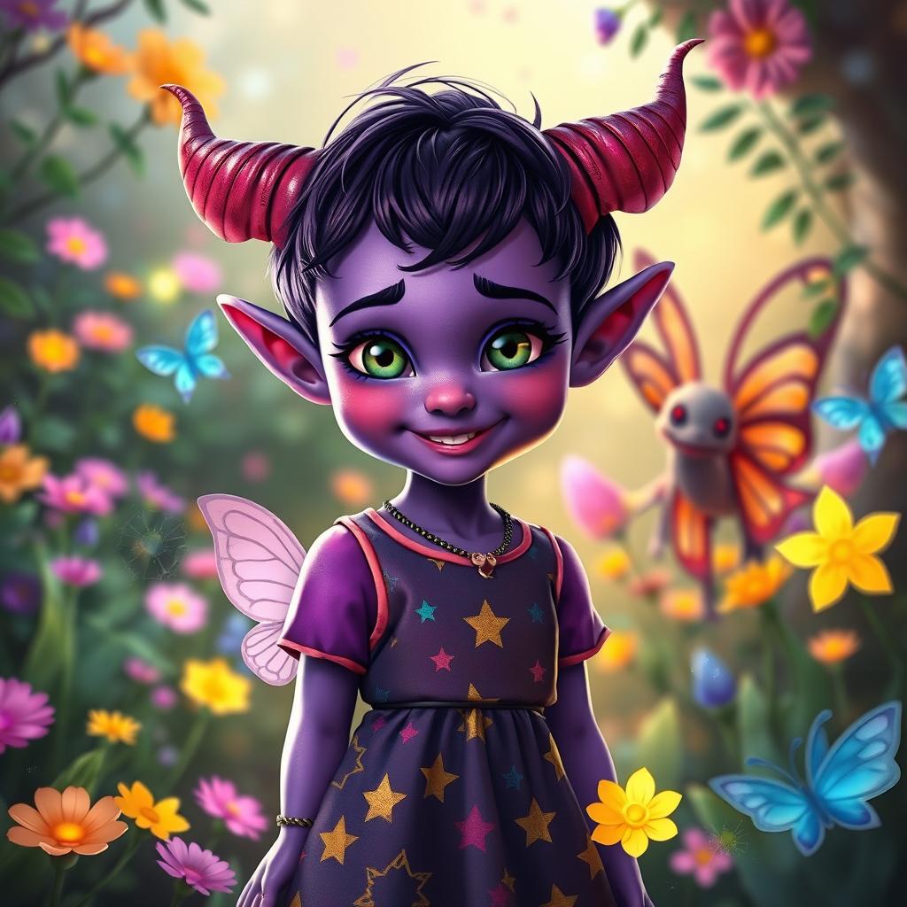 A charming tiefling girl, around 10 years old, with vibrant purple skin and delicate, small horns adorning her forehead