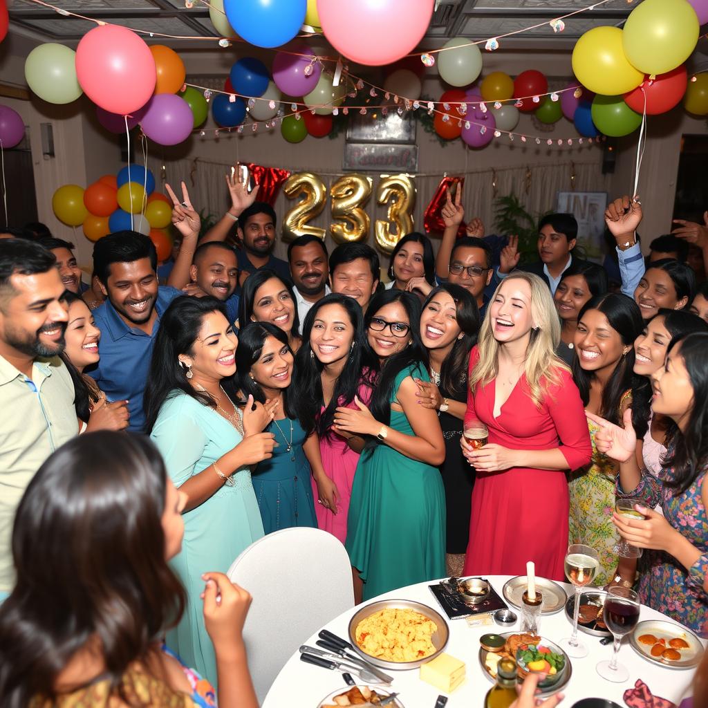 A vibrant celebration scene, featuring a diverse group of people joyously gathered together