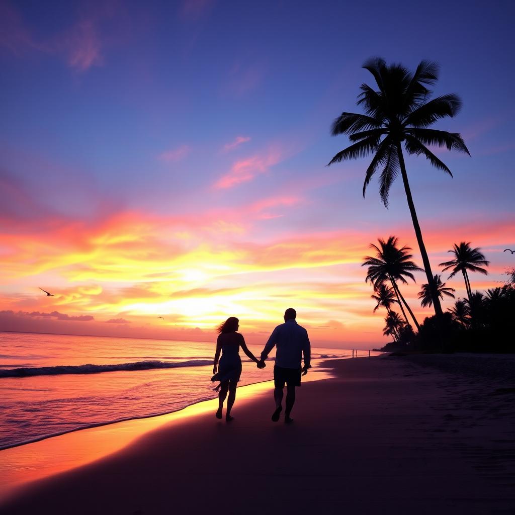 A breathtaking sunset over a tranquil beach, with vibrant hues of orange, pink, and purple painting the sky