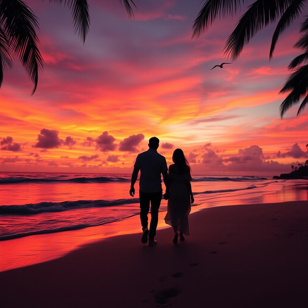 A breathtaking sunset over a tranquil beach, with vibrant hues of orange, pink, and purple painting the sky