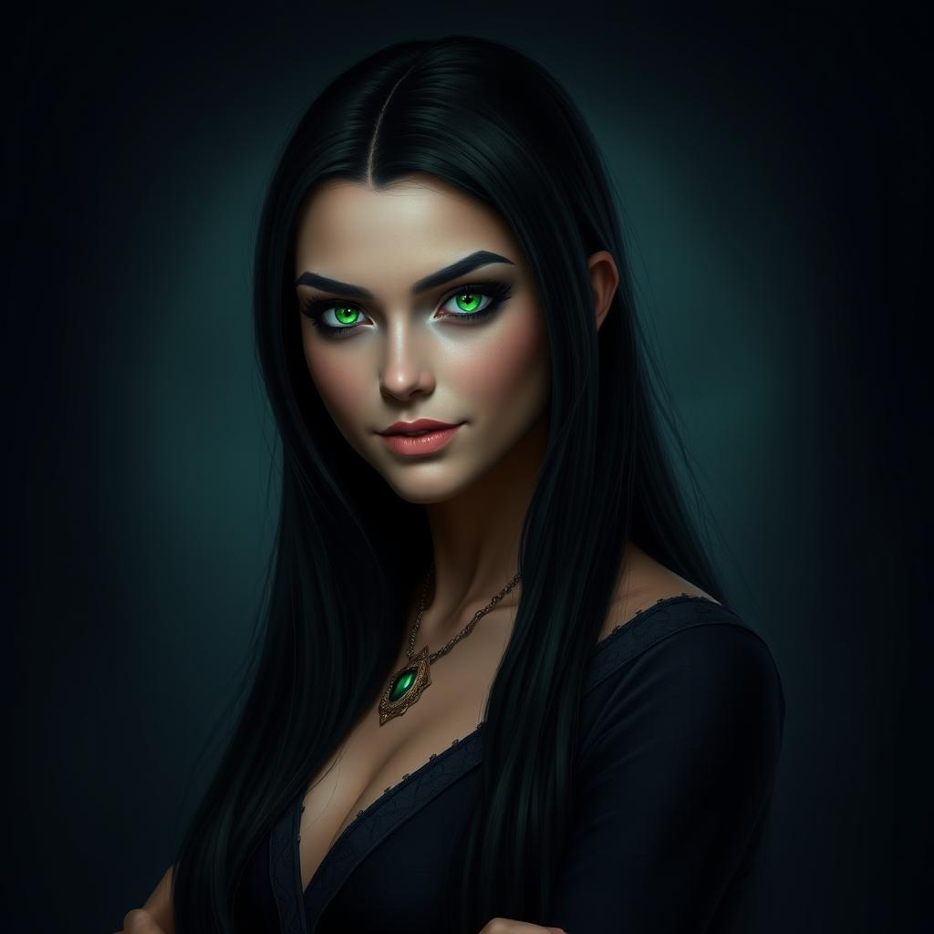 An Aasimar woman standing confidently against a dark, moody background