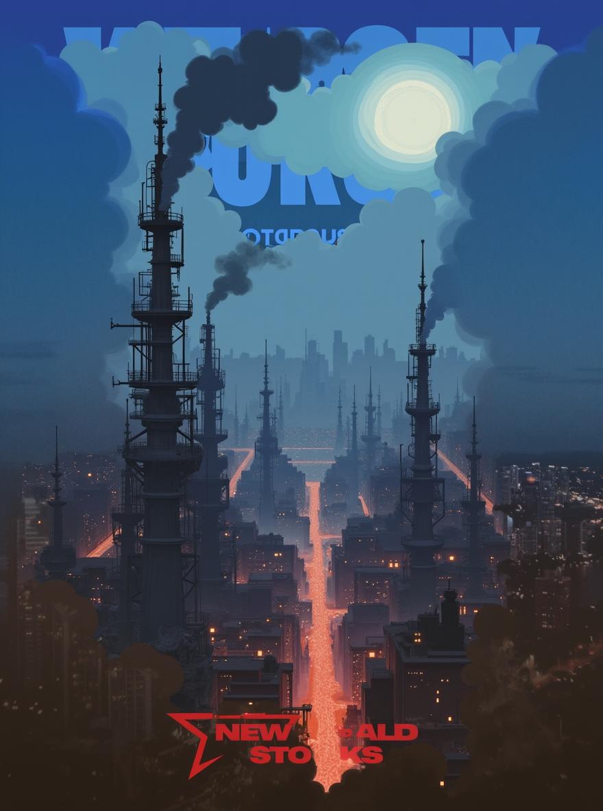 A gritty, rundown cityscape featuring dilapidated buildings and industrial smokestacks billowing thick smoke into a hazy sky