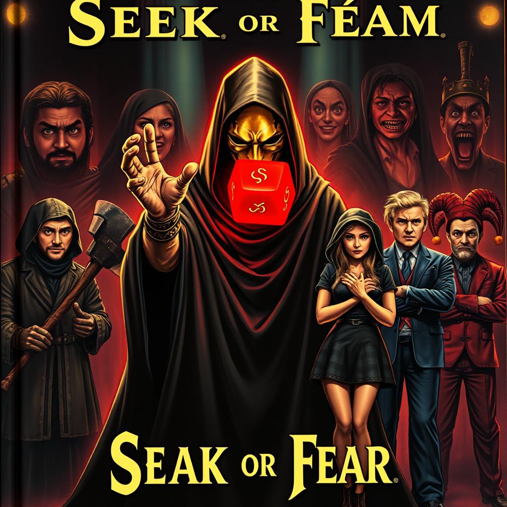 In the center of the cover, Azar-Zot, the God of Games, is depicted with a smooth golden mask obscuring his face, draped in a long flowing black cloak