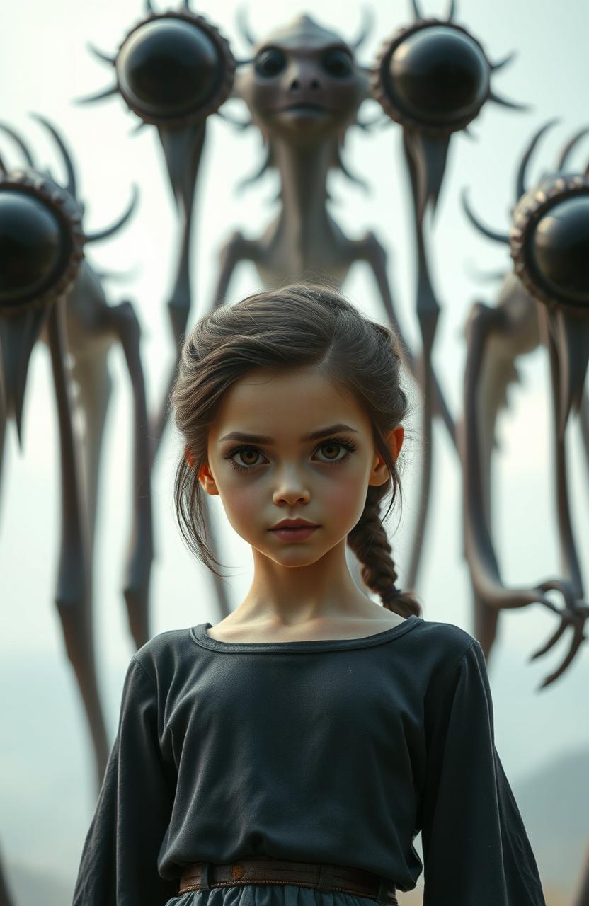 A beautiful girl with stunning features, standing confidently against a backdrop of towering monsters