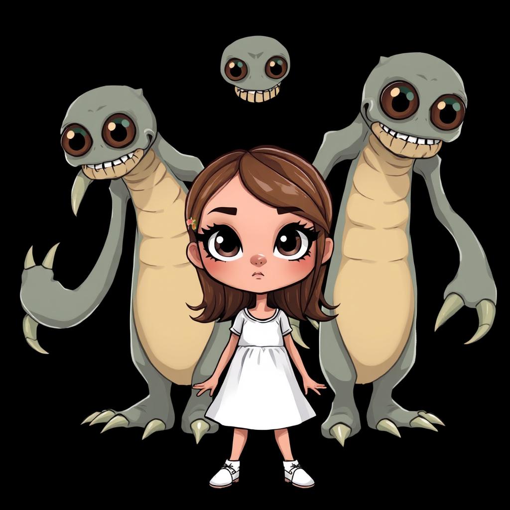 A beautifully drawn cartoon-style girl with striking features, standing in front of towering monsters