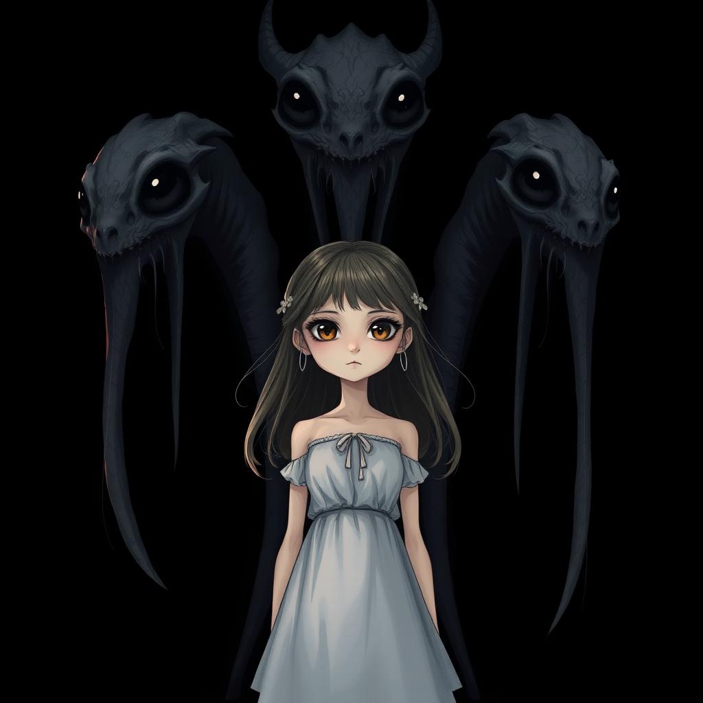 A stunningly beautiful girl illustrated in a captivating art style, standing against a solid black background