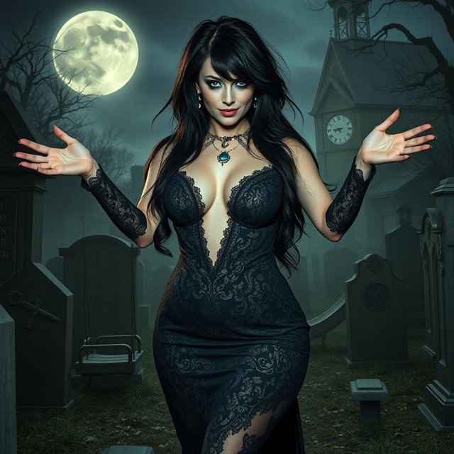 A stunningly beautiful, curvy young woman stands in an old haunted cemetery at midnight