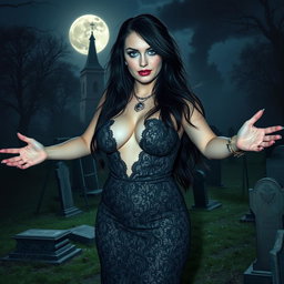 A stunningly beautiful, curvy young woman stands in an old haunted cemetery at midnight